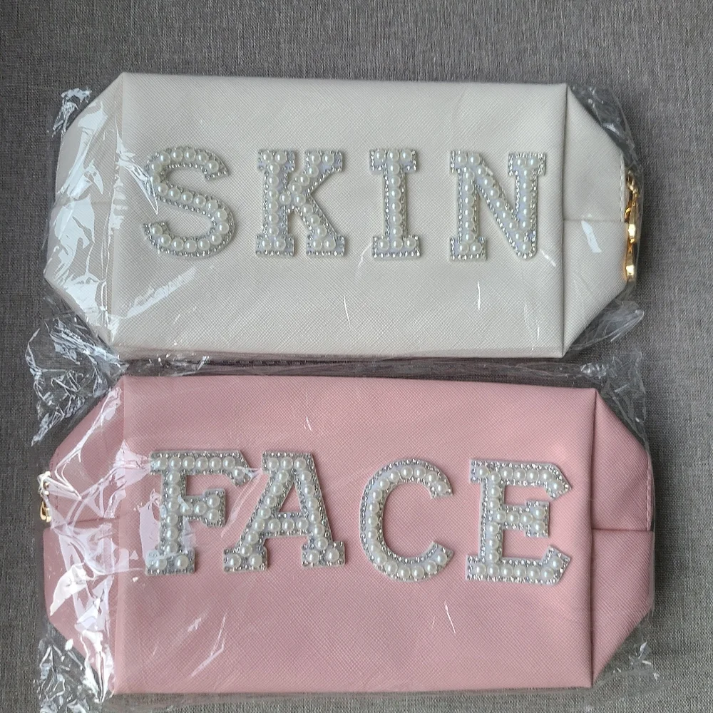 FACE SKIN Preppy Patch Makeup Bag pearl rhinestone Letter Cosmetic Pouch w/flaws - Picture 7 of 8